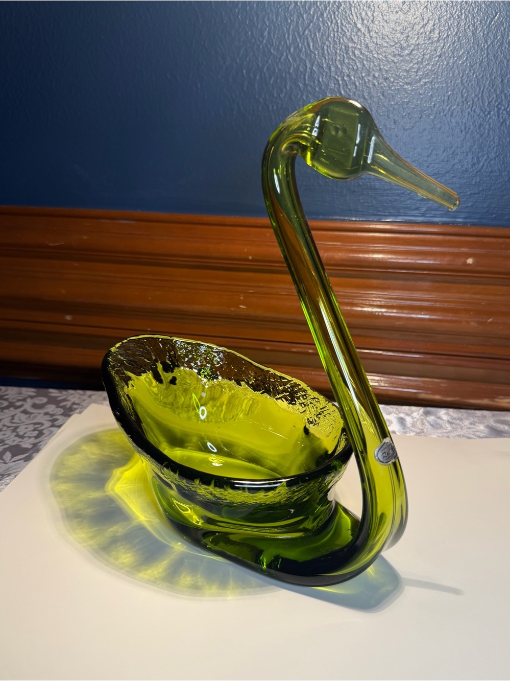 Vintage Hand Blown Rainbow Art Glass Swan Bowl In Avocado Green with Sticker